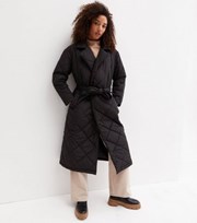 New Look Black Quilted Revere Collar Belted Long Puffer Jacket